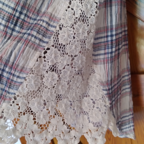 White Crow Summer Seersucker Plaid Button Down Shirt with Lace Panels - Picture 12 of 13